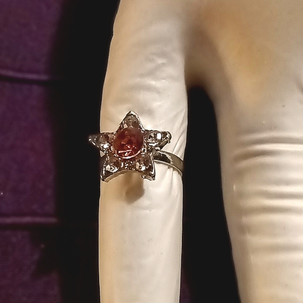 Child's, Adjustable, Silver plated w/pink rhinestones, star ring